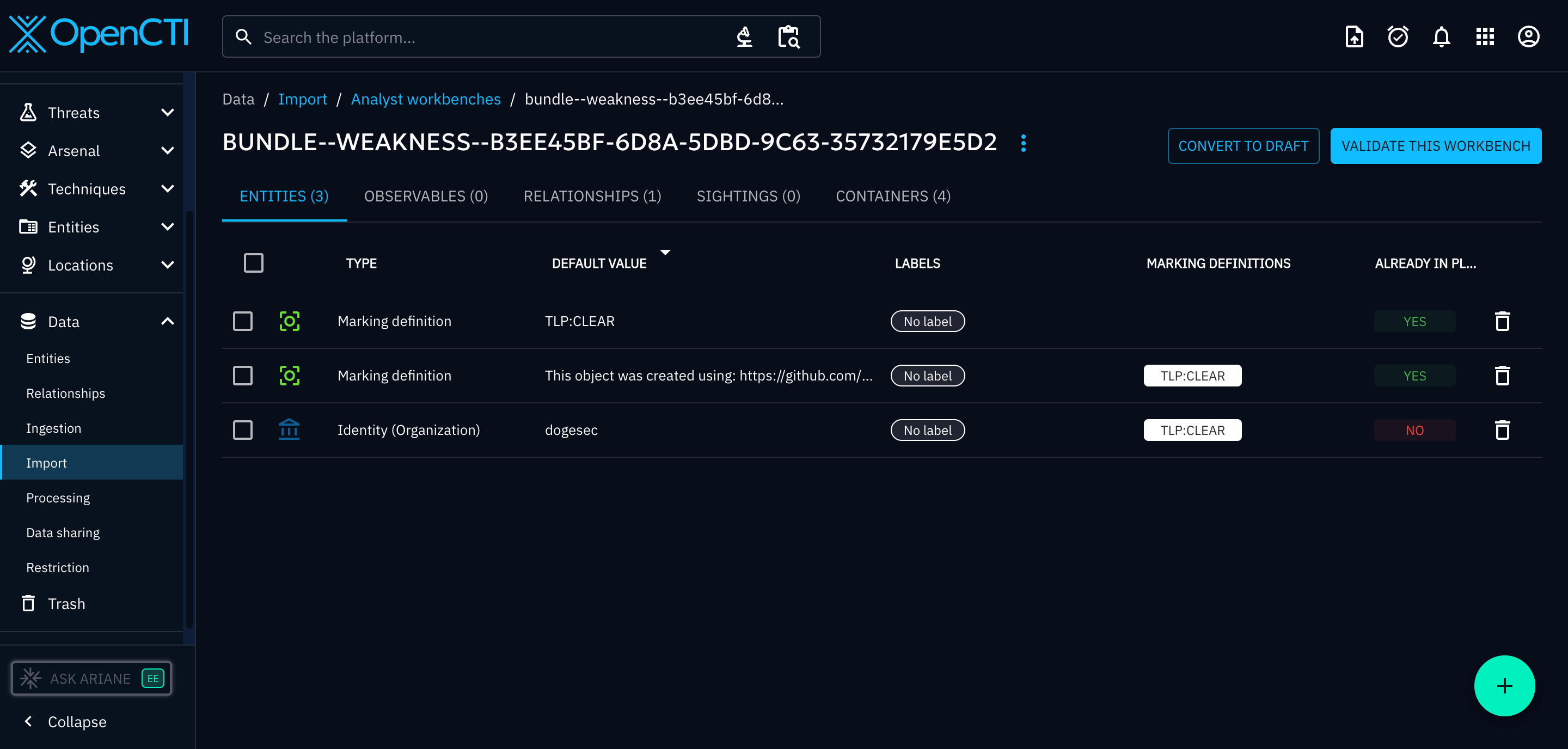 OpenCTI Weakness Import Entities